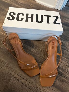 SCHUTZ Cognac Strappy Square-Toe Heels